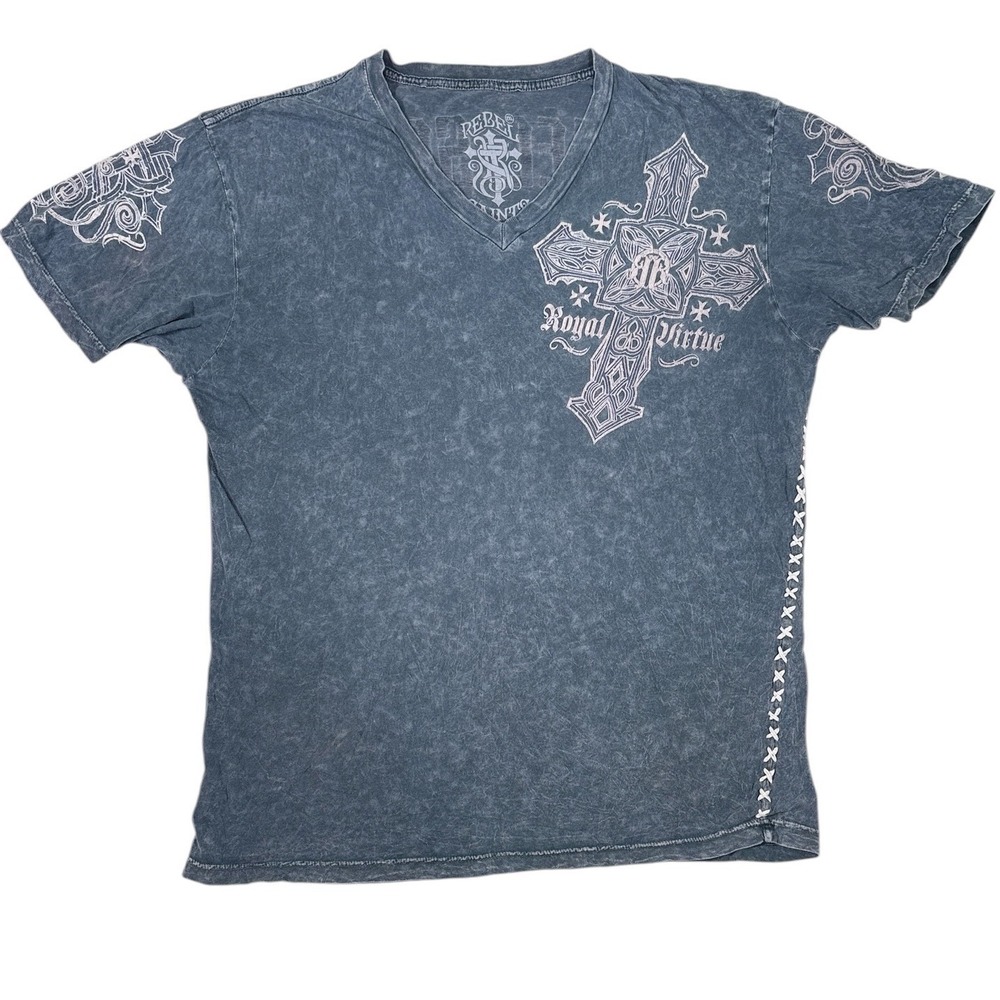 Rebel Saints Mens 2XL Gray Acid‎ Wash Gothic Cross V-Neck Graphic T-Shirt Y2K